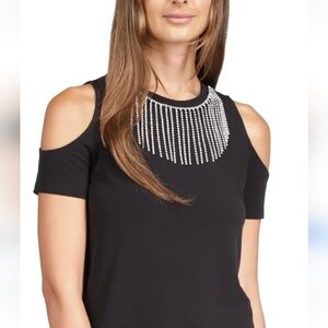 Michael Kors Round Neck Cold Shoulder Rhinestone Fringe Top